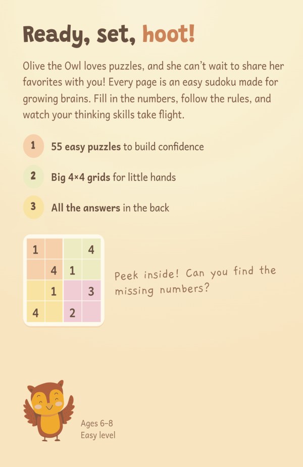 Hoot & Solve: Easy 4x4 Sudoku Puzzles for Kids Ages 6-8 — Back Cover